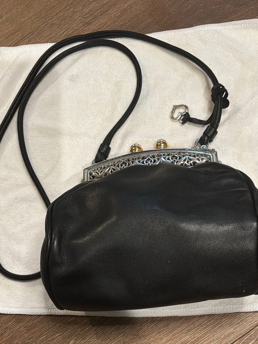Vintage Brighton Black Leather Crossbody Clutch with Ornate Silver Frame - Picture 2 of 9